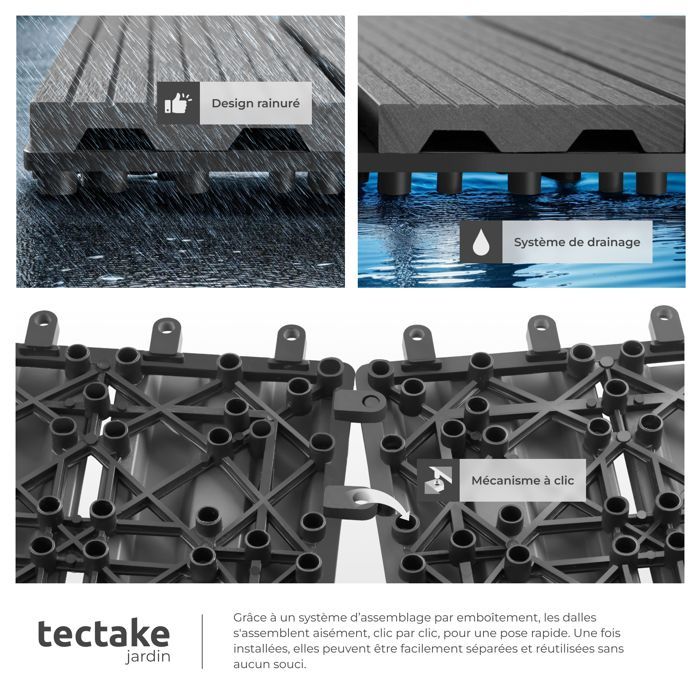 Terrassenfliesen – TECTAKE – Set mit 11 TEGULAS Terrassenfliesen in WPC-Holzoptik – Grau