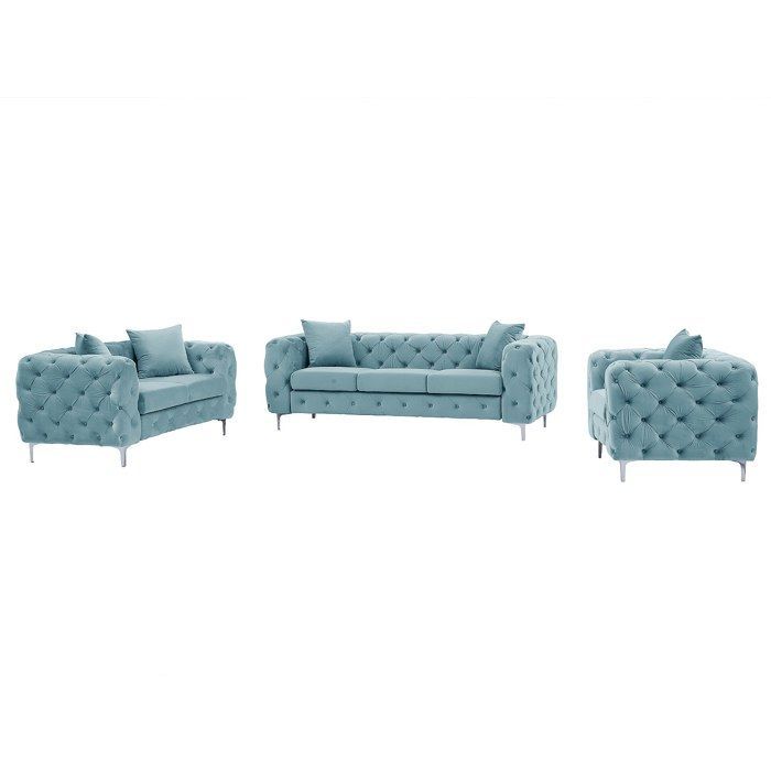 Divano a 3 posti, divano a 2 posti e poltrona Chesterfield in velluto azzurro pastello EDWINA