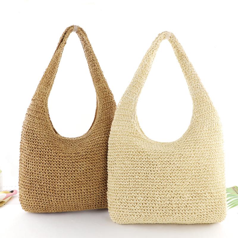 Sac en paille unie, sac tissé simple et tendance, sac de plage, sac à main décontracté pour femme