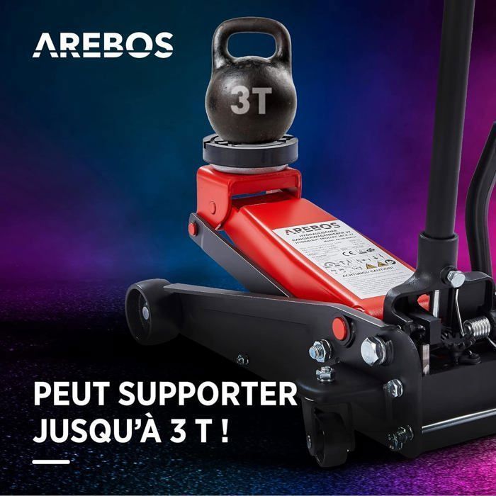 Gato hidráulico AREBOS 3T | Altura de empotramiento 130-508 mm | 2 soportes de goma | Gato giratorio 360° con ruedas