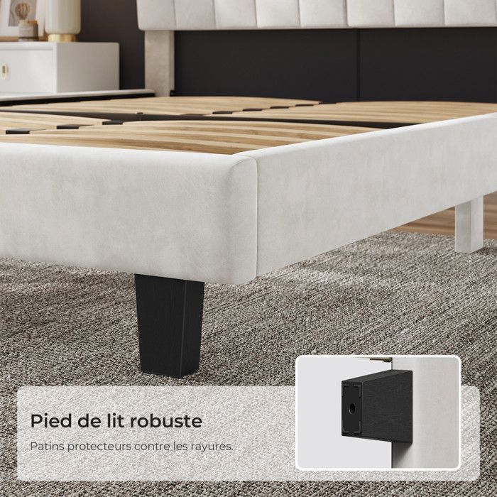 Cama HavenlyHome de 160x200 cm, tapizada en terciopelo con cabecero y somier de láminas, para dos personas, color beige.
