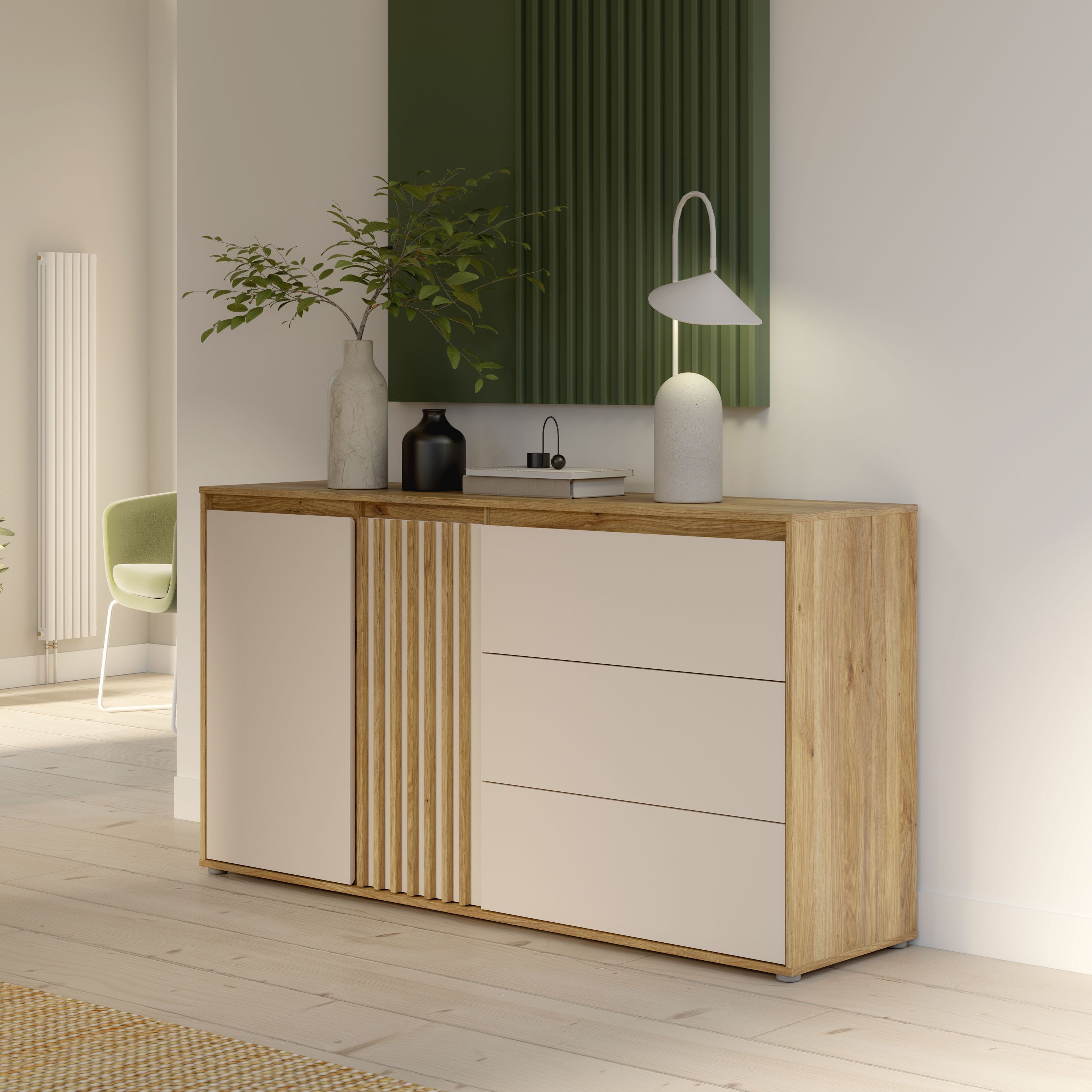 Credenza ELISTON - Bianco opaco e rovere - 2 ante + 3 cassetti - L 159,6 × P 41,5 × H 81,7 cm