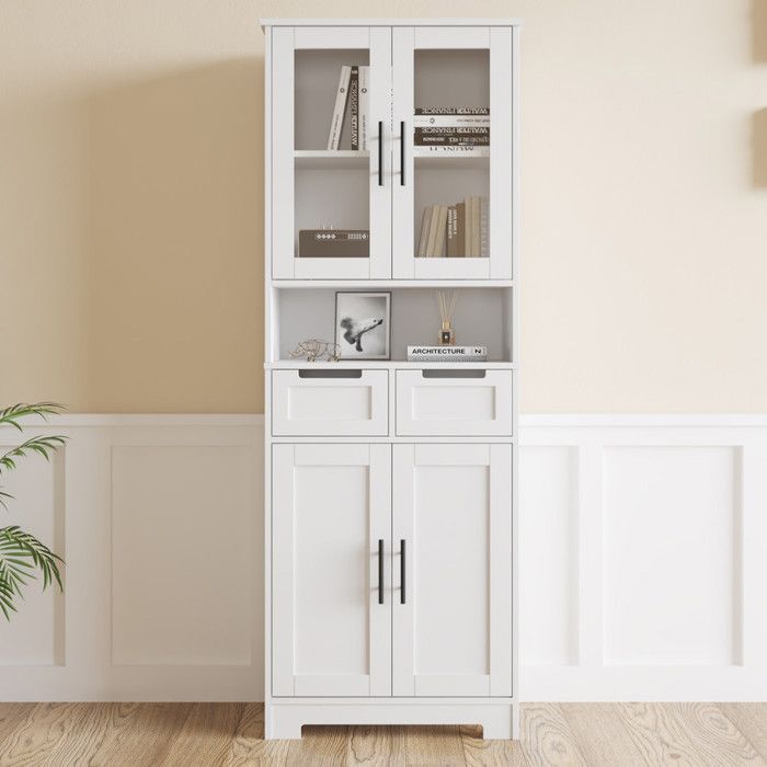 Badkamerkast met 4 deuren en 2 lades, hoge badkamerkast voor woonkamer en keuken, 60x30x170cm, wit