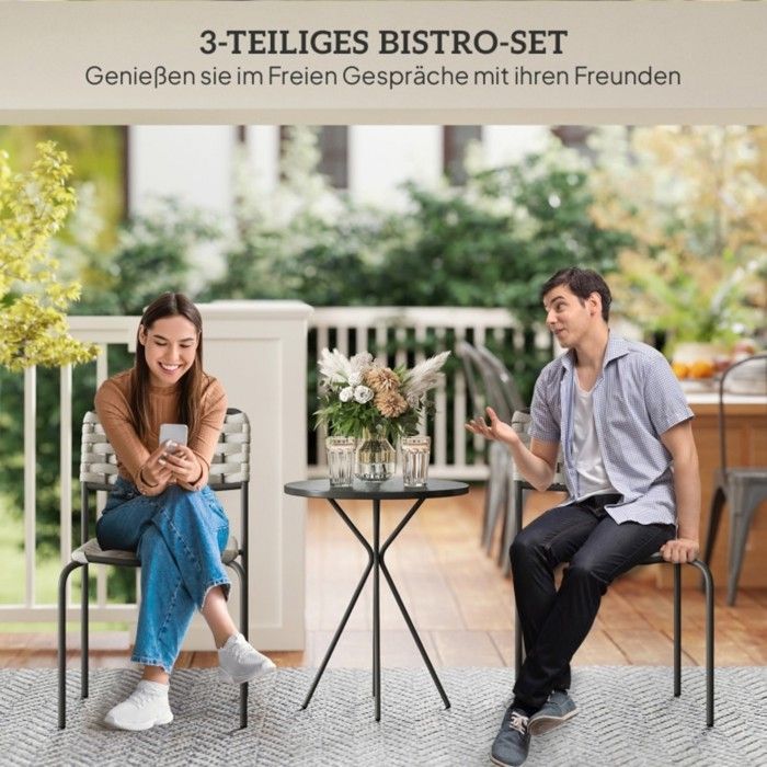 Salon de Jardin 3 Pièces en Polyrotin Gris avec Table et 2 Chaises Empilables Résistant aux Intempéries