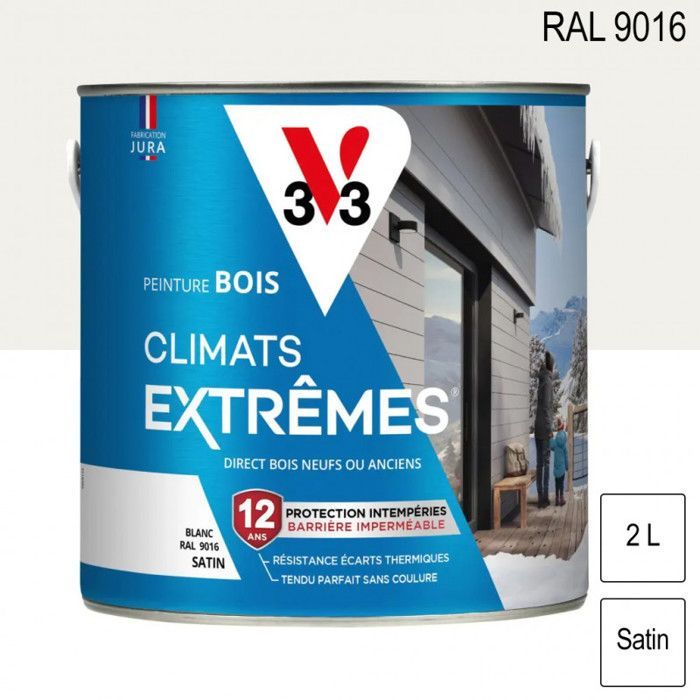 Tinta para madeira exterior para climas extremos, RAL 9016 Branco Acetinado, 2L, V33