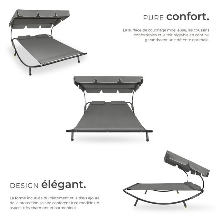 Lettino prendisole - TECTAKE - LIVORNO lettino prendisole doppio in acciaio per 2 persone con parasole regolabile, 185 x 195 x 142-175 cm - Nero/Grigio