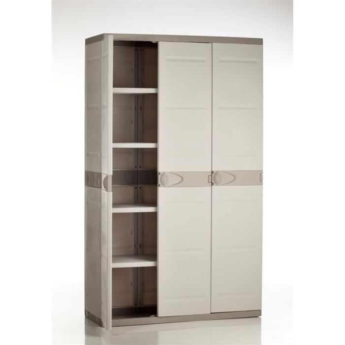 Armoire haute de rangement PLASTIKEN TITANIUM - 3 portes, étagères et penderie - Beige et Taupe