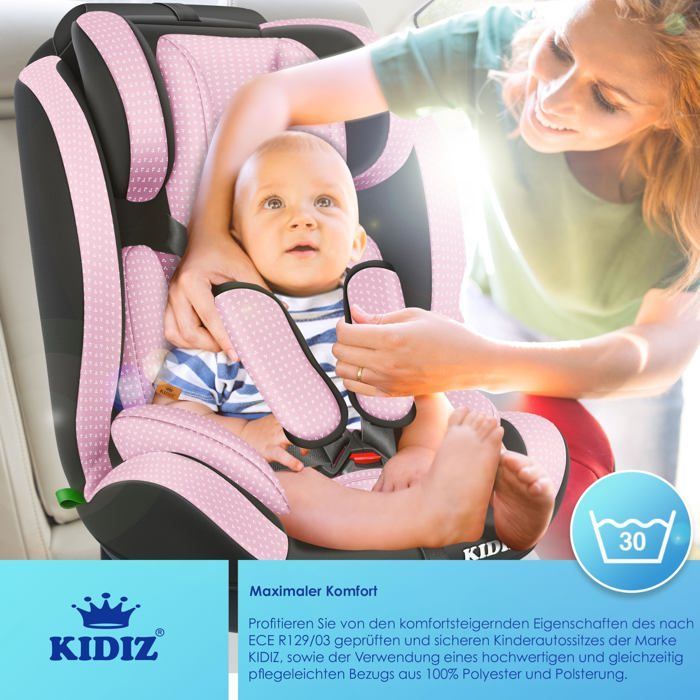 Seggiolino auto KIDIZ® per bambini e neonati da 9 a 36 kg, gruppo 1+2+3, cintura di sicurezza a 5 punti, poggiatesta regolabile, omologazione ECE R129/03, colore rosa.