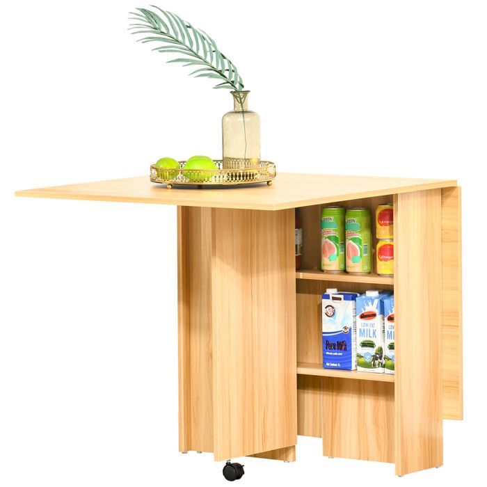 Table pliante - HOMCOM - cuisine salle à manger amovible sur roulettes 2 étagères bois - bois - 80x140x74cm - naturel
