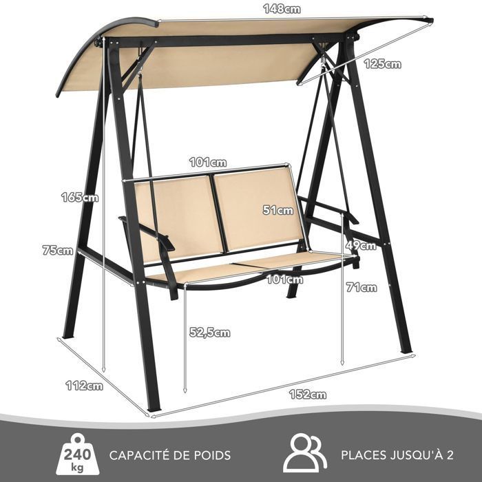 Silla colgante de 2 plazas DREAMADE con toldo ajustable, estructura metálica y asiento de tela, ganchos de resorte, para jardín, balcón o patio.