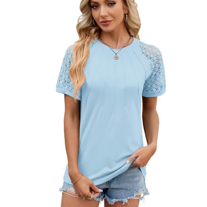 T-Shirt Femme Dentelle Manches Courtes Casual Tee Shirt Lache Ete Col Rond Couleur Unie Confortable - Taille EU - Bleu Clair