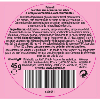Pulmoll Bonbons brez sladkorja pomaranča vitamin C pomirjujoče pastile za grlo pomaranča 45 g 45 g