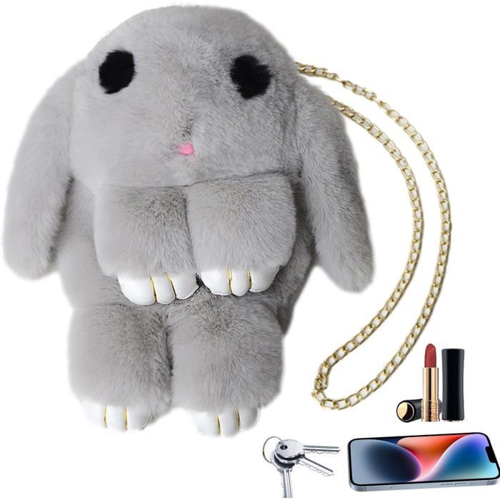 Bolso de hombro adorable, bolso de peluche para niños, bolso de animales de dibujos animados, bolso de mano de conejo de peluche, gris claro PZCC