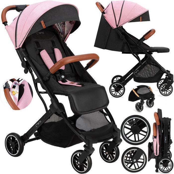 MoMi ESTELLE – Ultra Compact Baby Stroller – Lightweight 7.7 kg – One-Hand Fold – Suitcase Handlebar – Pink