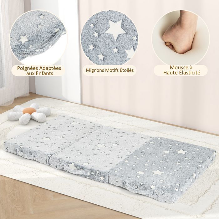 COSTWAY Tapis de Sieste Pliable en 3 Parties pour Enfants, Matelas de Sol Phosphorescent avec Sac de Rangement, Housse Amovible