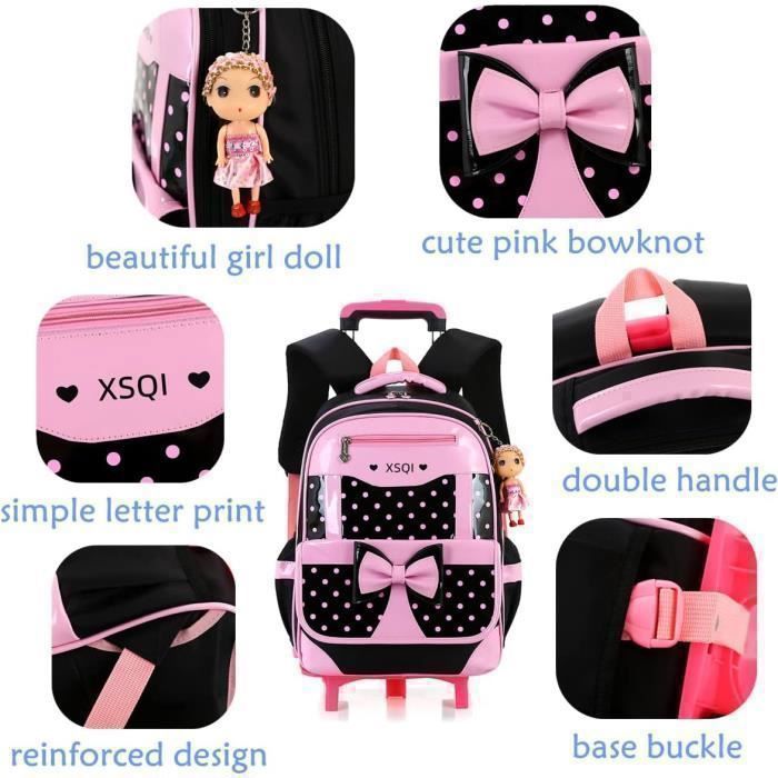 Estuche con ruedas y mochila escolar para niñas - MEGAWISE - Negro y rosa - 2 ruedas - Lazo