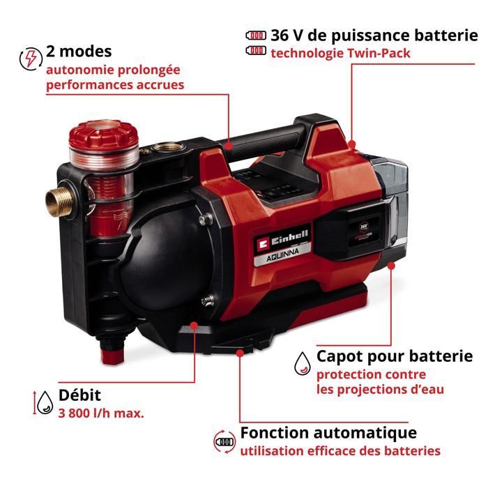 Einhell AQUINNA 36/38 F Automatische LED-waterpomp zonder snoer, Solo PXC (36V). Geleverd zonder accu of lader.