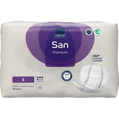 Abena San Premium 360 -vuotosuojat, 5 inkontinenssisidosta, anatominen muoto, 36 kpl.