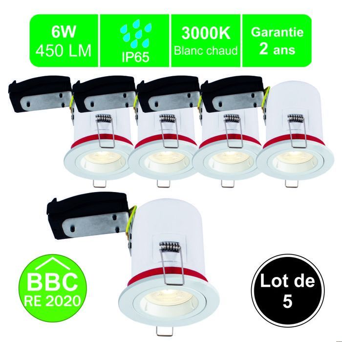 Lot de 5 supports spot BBC salle de bain IP65 + GU10 6W 450lm inclus - garantie 2 ans