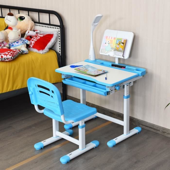 Conjunto de escritorio y silla infantil COSTWAY con altura ajustable (inclinación de 0 a 40°) y mesa de dibujo con 1 cajón, color azul.