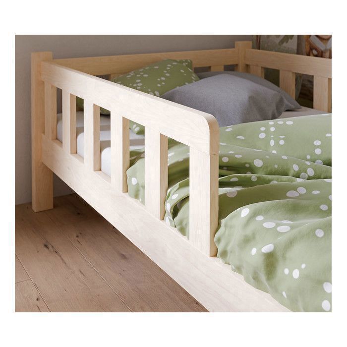 Cama infantil Montessori PINI de 80x160 cm en madera natural con barandilla de seguridad — Base de lamas, madera maciza de pino