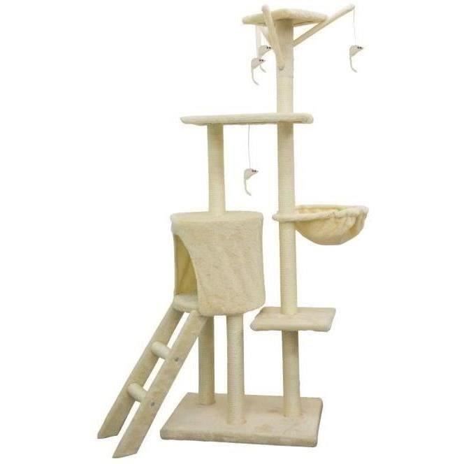 JIPSY Arbre à chat beige 79 x 34 x 138 cm - 3 plateformes, 1 perchoir, 1 niche,  1 escalier, poteaux à griffer