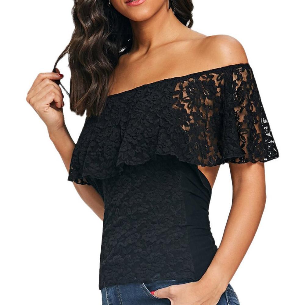 Blusas y tops de moda para mujer, blusas sexys de encaje sin espalda, hombros descubiertos, lazo, superposición de vendaje, tops negros, blusas mujer de moda 2019