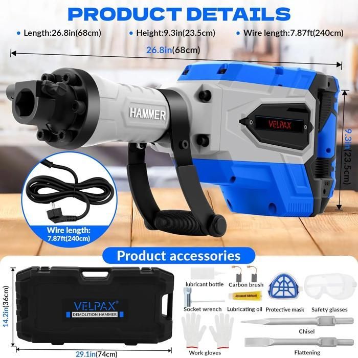 Πιστολέτο κατεδάφισης 3500W 75J, Πιστολέτο κατεδάφισης 2100 BPM, με 2 αντικαταστάσιμες σμίλες
