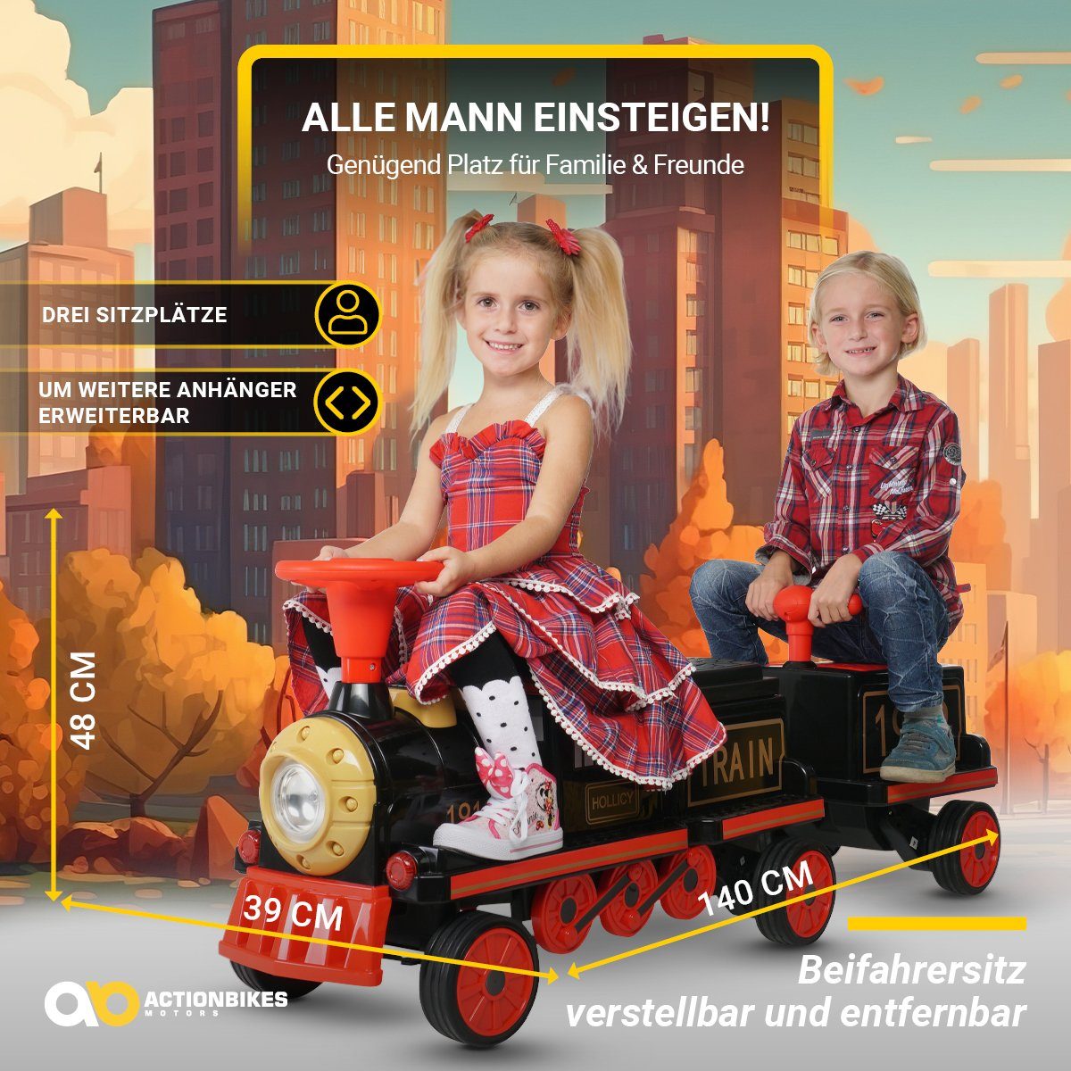Actionbikes Motors elektrisches Kinderauto, elektrische Kindereisenbahn mit Anhänger, Tragfähigkeit 60 kg, (2 Stück), 3 Sitze - Hupe und Musik - Sanftanlauf - 2 x 12 V Motoren