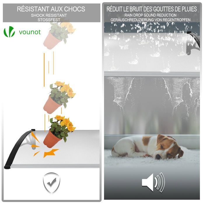 VOUNOT® Marquise auvent de porte d'entrée 100x80cm - Polycarbonate transparent - Anti-UV - Noir
