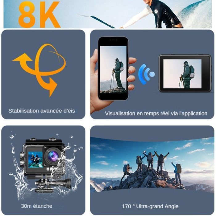 8K 30FPS Sports Camera - 170° Wide Angle - 30M Waterproof - EIS Anti-shake - Remote Control & Wi-Fi - 64GB - Dual Touch Screen