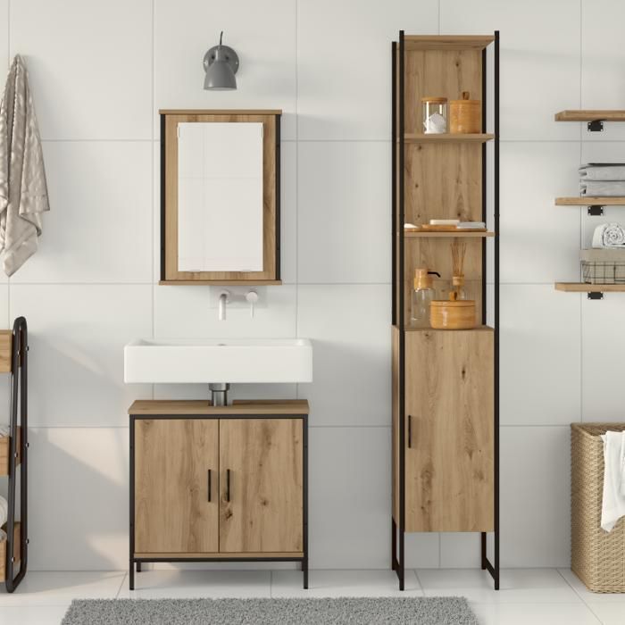 Conjunto de muebles de baño - 3 piezas - Roble artesanal - Acabado mate - Estilo contemporáneo