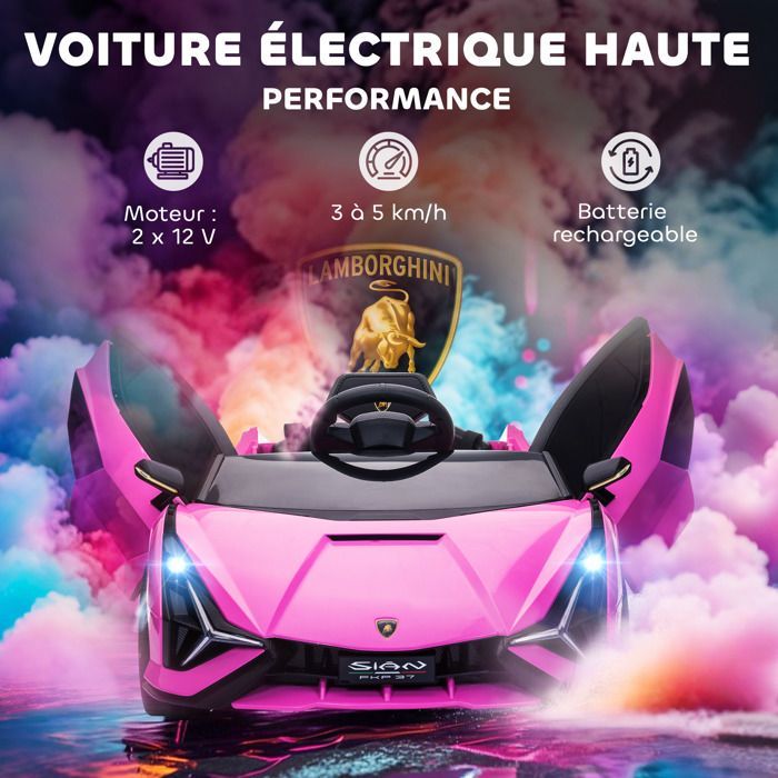 Voiture électrique enfant - véhicule électrique - HOMCOM - Lamborghini sian 12 V télécommande sons LED - PP - rose