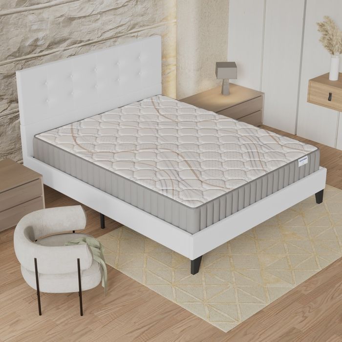 Set letto e materasso (140x200 cm) - Sirius 16 cm Lattice naturale e schiuma ad alta densità + Base a doghe stabile e testiera imbottita bianca