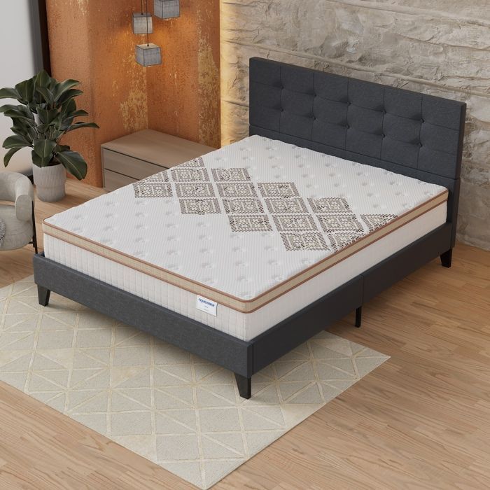Colchón y cama (140x190cm) - Muelles ensacados Errakis de 28cm y espuma de alta densidad + Base de láminas estable y cabecero tapizado en negro