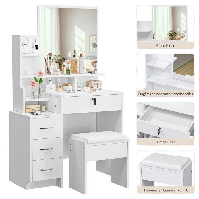 Tavolo da trucco Dripex con specchio e comodo sgabello, tavolo da trucco moderno, 4 cassetti, 4 ripiani, bianco, 87x40x144 cm