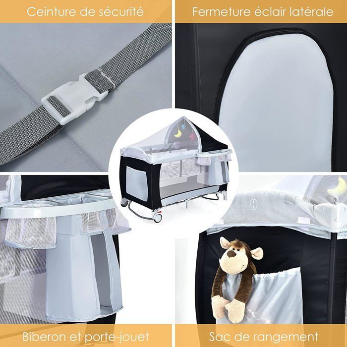 Lit Bébé 4 en 1 COSTWAY Berceau,Table à Langer,Parc de Jeux-Fonction Basculement--Boîte à Musique avec Lumières-Pliage Facile-Noir
