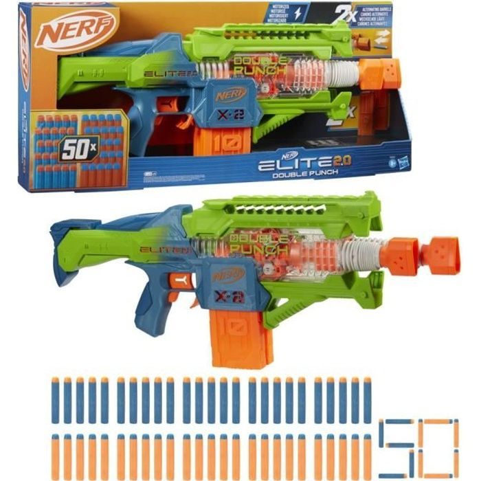 Nerf Elite 2.0 Double Punch Blaster motorisé, canons alternatifs Rapides, 50 fléchettes Nerf Elite, 2 chargeurs 10 fléchettes, dès 8