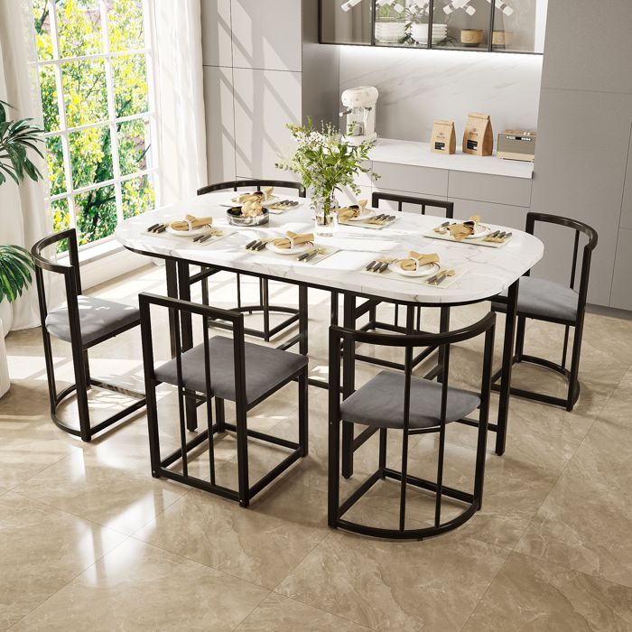 Eettafelset (140x80cm) met 6 stoelen - Tafel en stoelen - Stoelen met rugleuning en grijze kussens - Moderne stijl - Zwart