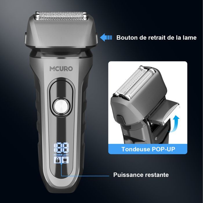 Rasoir Électrique MCURO 2 en 1 Multifonction à 3 Lames - Affichage LED - Avec Tondeuse Pop-up - IPX7 Étanche - Chargement USB