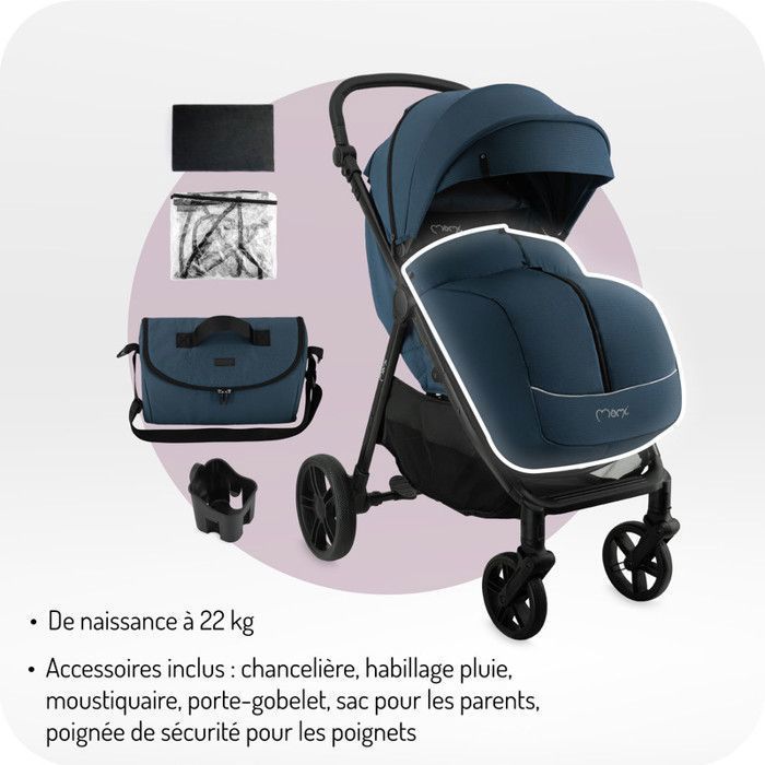MoMi CLARA - Stroller 0m+ up to 22 kg - Rotating bar - Adjustable handle - Accessories included: bag, rain cover - Blue