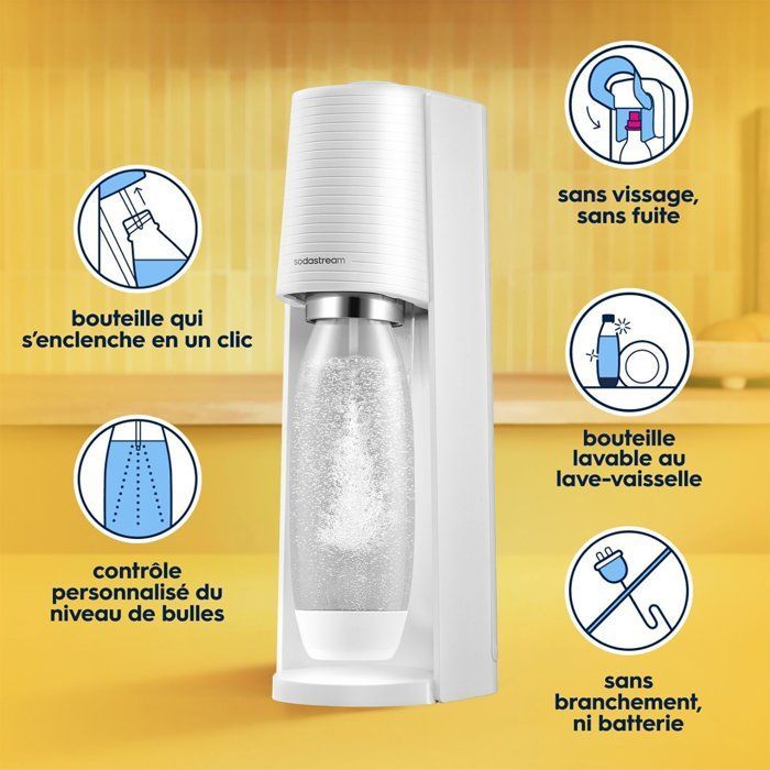 Machine à soda et eau pétillante SODASTREAM - TERRA Blanche - 1 bouteille compatible lave-vaisselle - 1 recharge de gaz 60L