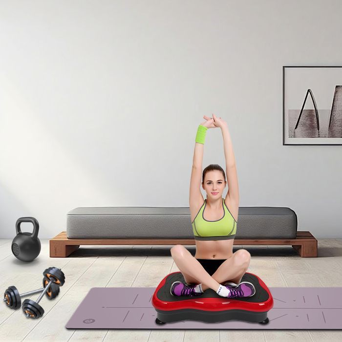 Fitness Plateforme Vibrante Oscillante - Écran LCD - Télécommande - Haut-parleurs Bluetooth - 53x35x12 cm - Noir+Rouge