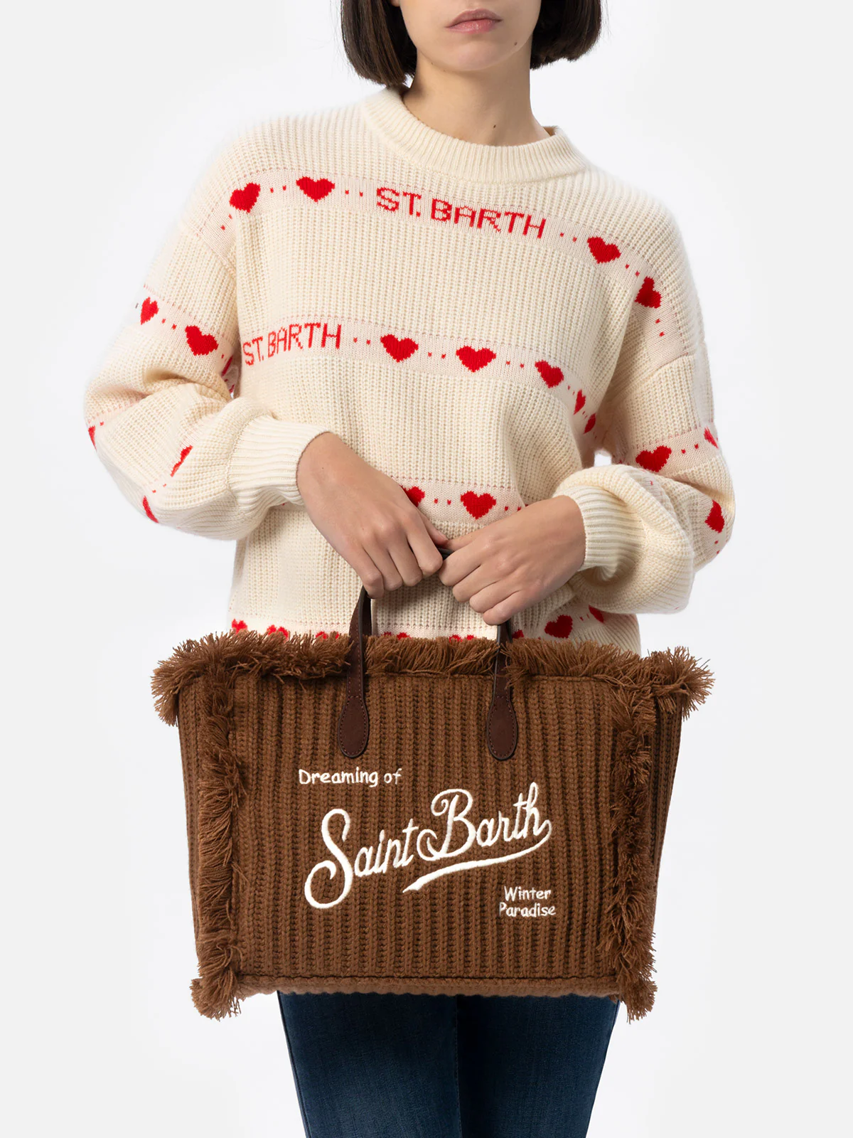 Colette Winterhandtas | Fluweel met franjes, bruin ribgebreid, Saint Barth-logo, afneembare schouderband | MC2 Saint Barth
