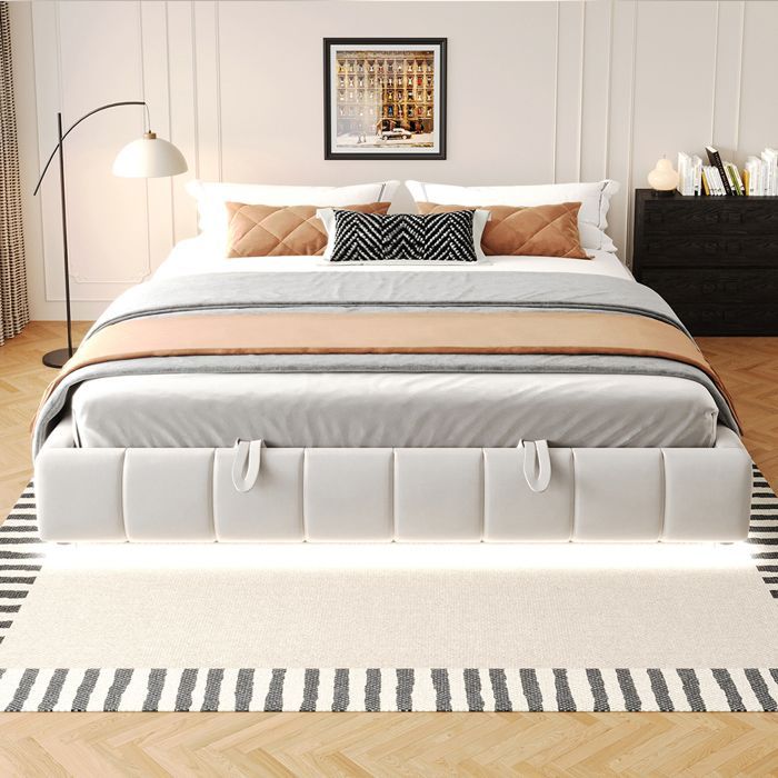 Cama de casal com arrumação, 180 x 200 cm - sem cabeceira - com iluminação LED e espaço de arrumação - Estrado incluído - Veludo bege