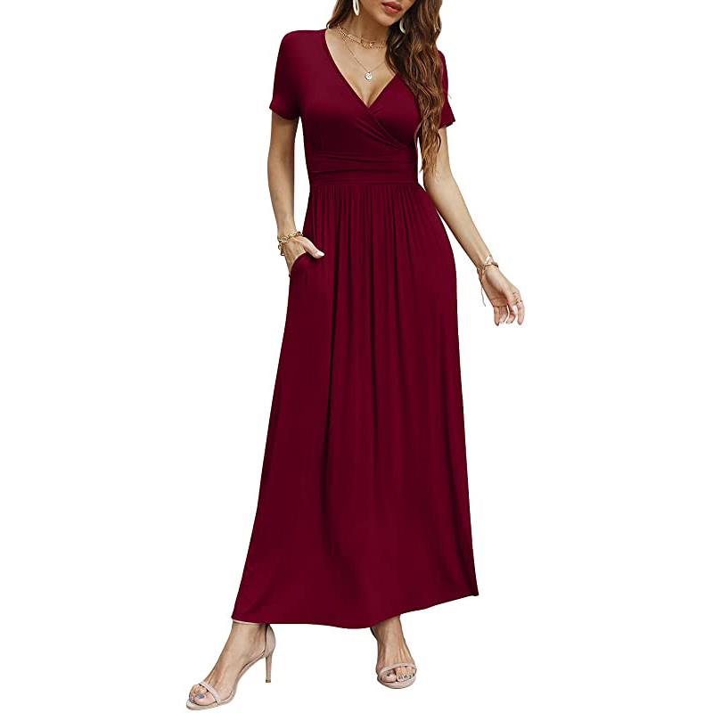 Robe longue décontractée à manches longues et décolleté en V profond pour femme, robe maxi plissée à taille haute avec poches