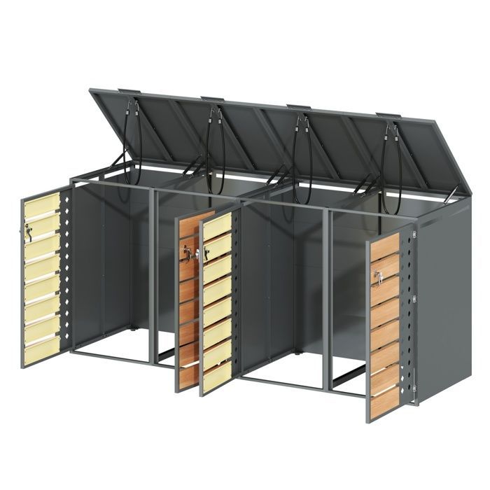 Cache-Poubelle Quadruple 132×80×118.5cm- Couvercle Hydraulique - Tri Sélectif & Verrouillable - Acier Galvanisé Bois
