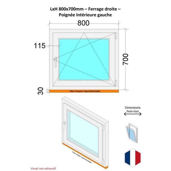 Ventana de PVC - Ancho x Alto 800 x 700 mm - Triple acristalamiento - Color blanco - Manilla izquierda