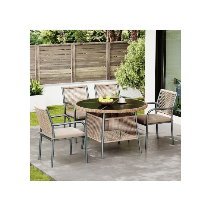 Conjunto de muebles de jardín de 5 piezas en resina tejida gris, mesa redonda de cristal templado y 4 sillones con cojines.