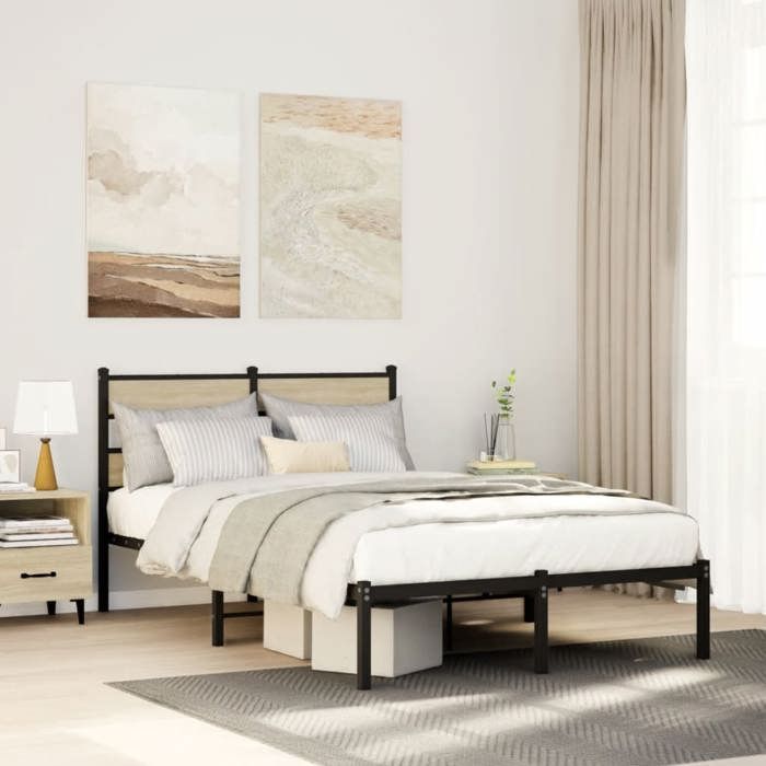 Estructura de cama metálica - UU - 120x190 cm - Roble Sonoma - Negro - Hierro y madera de ingeniería - Cabecero